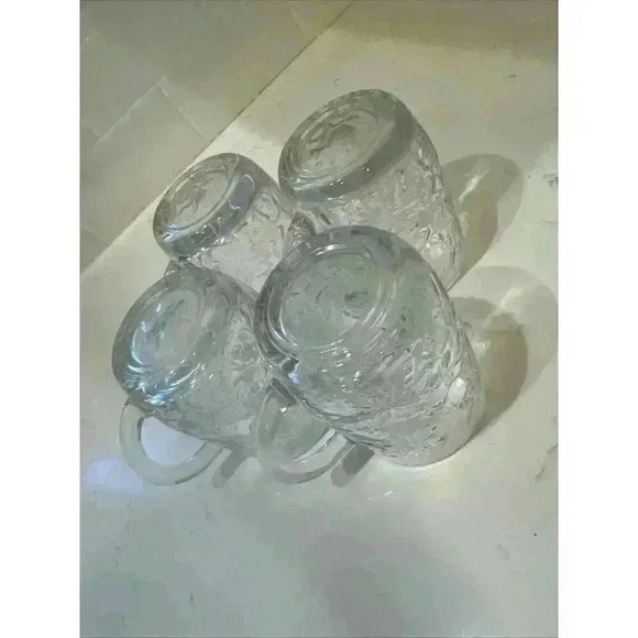 Princess House Fantasia Mugs Cups Poinsettia Crystal Clear Glass Coffee Set of 4 - Picture 13 of 13